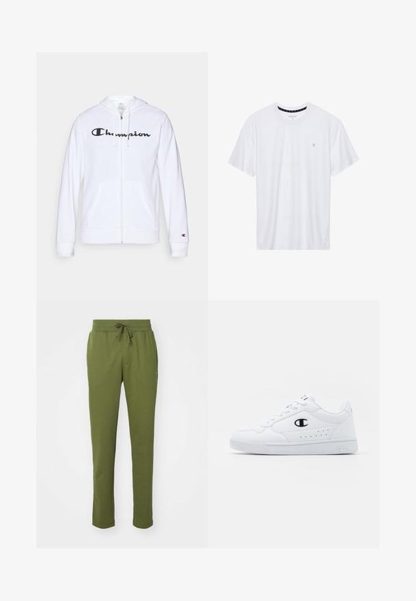 Sweatshirt branca com fecho, feita de tecido macio, apresentando um logótipo preto da "Champion" no peito, bolsos canguru e punhos canelados.; Camiseta branca de gola redonda feita de algodão, com mangas curtas e um pequeno logótipo bordado na área do peito esquerdo. Textura suave.; Champion ICONS HEM PANTS - Calças de fato de treino - green; Sapatilhas brancas de desporto com um cabedal sintético liso, detalhes em preto no logótipo e perfurações na lateral. Sola em borracha.