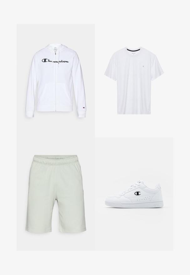 Biela zipsová mikina vyrobená z mäkkej tkaniny, s čiernym logom "Champion" na hrudi, klokankovými vreckami a rebrovanými manžetami.; Biele tričko s okrúhlym výstrihom vyrobené z bavlny, s krátkymi rukávmi a malým logom vyšitým na ľavej strane hrude. Mäkká textúra.; Svetlozelené bavlnené šortky s elastickým pásom, rovného strihu a jemnými švovými detailmi. Dĺžka do polovice stehna, bez vreciek.; Biele športové tenisky s hladkým syntetickým zvrškom, čiernym logom a perforovanými detailmi na boku. Gumová podošva.