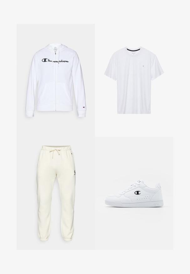 Biela zipsová mikina vyrobená z mäkkej tkaniny, s čiernym logom "Champion" na hrudi, klokankovými vreckami a rebrovanými manžetami.; Biele tričko s okrúhlym výstrihom vyrobené z bavlny, s krátkymi rukávmi a malým logom vyšitým na ľavej strane hrude. Mäkká textúra.; Krémové jogger nohavice vyrobené z mäkkého materiálu, s elastickým pásom so šnúrkou, priliehavými manžetami a malým logom na boku.; Biele športové tenisky s hladkým syntetickým zvrškom, čiernym logom a perforovanými detailmi na boku. Gumová podošva.