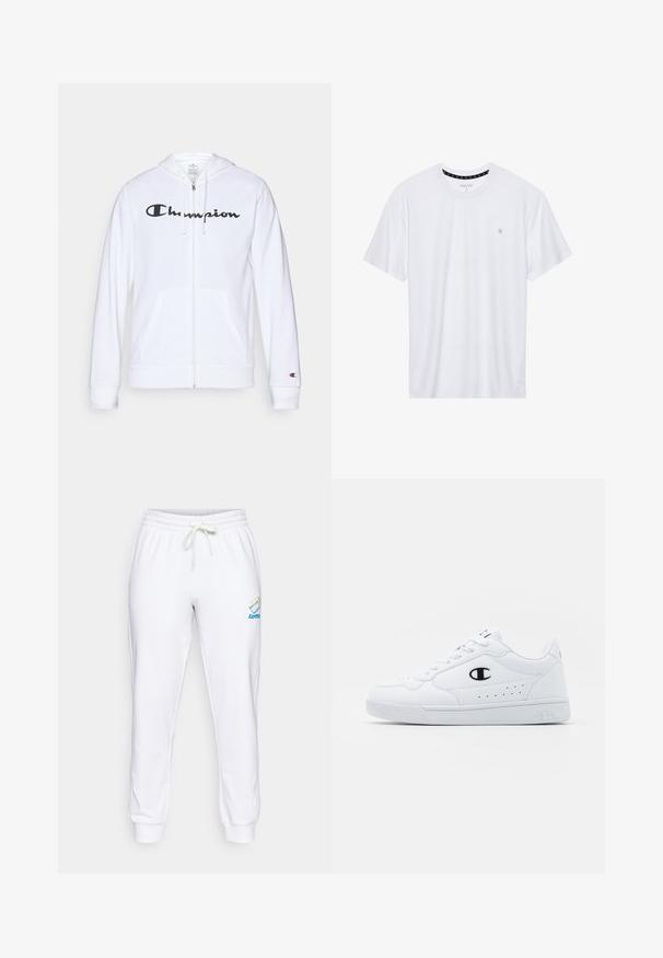 Biela zipsová mikina vyrobená z mäkkej tkaniny, s čiernym logom "Champion" na hrudi, klokankovými vreckami a rebrovanými manžetami.; Biele tričko s okrúhlym výstrihom vyrobené z bavlny, s krátkymi rukávmi a malým logom vyšitým na ľavej strane hrude. Mäkká textúra.; Biele bavlnené tepláky s elastickým pásom, nastaviteľnou šnúrkou a logom v modrej a dúhových farbách na ľavom stehne.; Biele športové tenisky s hladkým syntetickým zvrškom, čiernym logom a perforovanými detailmi na boku. Gumová podošva.