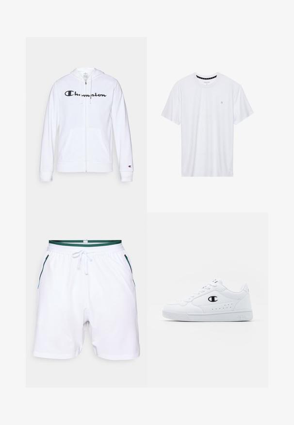 Balts zip-up džemperis, izgatavots no mīkstas auduma, ar melnu "Champion" logotipu uz krūtīm, kengura kabatām un ribotām piedurknēm.; Balts krekliņš ar apaļu kakla izgriezumu, izgatavots no kokvilnas, ar īsām piedurknēm un mazu logo izšuvumu kreisajā krūtīs. Mīksta tekstūra.; Baltie sporta šorti ar zaļu svītru jostu, kontrastējošas zilas rāvējslēdzēju kabatas un gludu tekstūru. Regulāras piegriezuma dizains.; Baltas sporta apavi ar gludu sintētisku augšdaļu, melnu logotipa akcentu un perforētu apdari sānos. Gumijas zole.