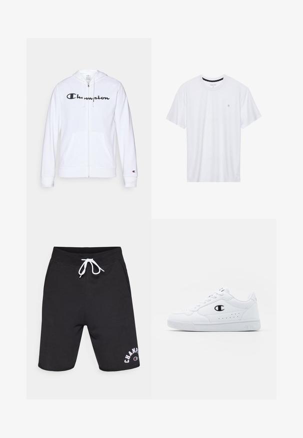Sudadera blanca con cremallera hecha de tela suave, que presenta un logo negro de "Champion" en el pecho, bolsillos tipo canguro y puños acanalados.; Camiseta de algodón de cuello redondo en color blanco, con mangas cortas y un pequeño logo bordado en el área del pecho izquierdo. Textura suave.; Pantalones cortos deportivos negros con cintura ajustable, bolsillos laterales y logo bordado en blanco "CHAMPION" en la parte inferior izquierda.; Zapatillas deportivas blancas con un upper sintético suave, acento del logo en negro y detalles perforados en los laterales. Suela de goma.