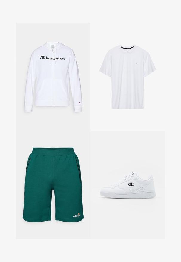 Balts zip-up džemperis, izgatavots no mīkstas auduma, ar melnu "Champion" logotipu uz krūtīm, kengura kabatām un ribotām piedurknēm.; Balts krekliņš ar apaļu kakla izgriezumu, izgatavots no kokvilnas, ar īsām piedurknēm un mazu logo izšuvumu kreisajā krūtīs. Mīksta tekstūra.; Zaļi sporta šorti, kas izgatavoti no mīkstas auduma, ar elastīgu jostu, sānu rāvējslēdzēju kabatām un logo kreisajā apakšējā stūrī.; Baltas sporta apavi ar gludu sintētisku augšdaļu, melnu logotipa akcentu un perforētu apdari sānos. Gumijas zole.