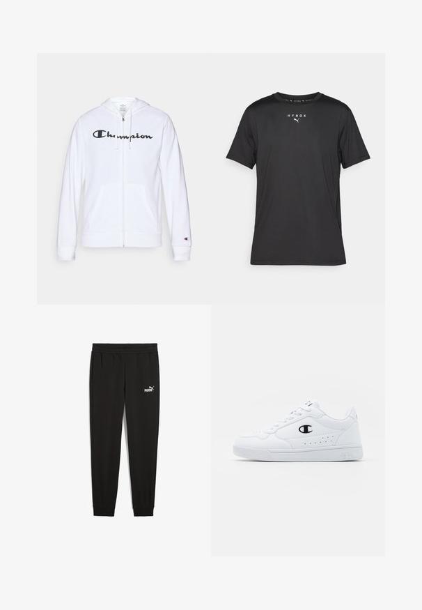 Fehér zipzáros kapucnis felső, puha anyagból készült, fekete "Champion" logóval a mellkasán, kenguruzsebekkel és bordás mandzsettákkal.; Fekete, rövid ujjú sportpóló könnyű anyagból. Kerek nyakkivágással és elöl nyomtatott "HYROX" logóval, valamint Puma emblémával rendelkezik.; Fekete, puha anyagból készült melegítőnadrág, elasztikus derékkal, oldalsó zsebekkel és fehér Puma logóval a bal oldalon.; Fehér sportcipők sima, szintetikus felsőrésszel, fekete logóval és perforált részletekkel az oldalon. Gumi talp.
