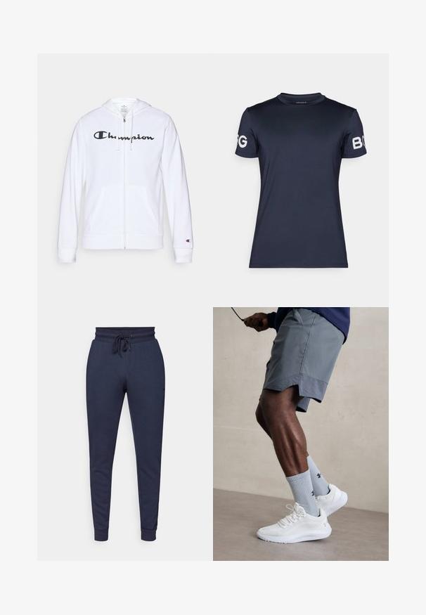 Bela zip-up kapuca iz mehkega materiala, s črnim logotipom "Champion" na prsih, kengurujskimi žepi in rebrastimi manšetami.; Mornarsko modra, kratka športna majica s kratkimi rokavi in krožnim izrezom; ima bele logotipne poudarke na obeh rokavih ter gladko in raztegljivo teksturo.; Temno modri trenirke z vrvico na pasu, ožji nogi in rebrastimi manšetami. Narejene iz mehke tkanine, z stranskimi žepi in minimalnim blagovnim znamčenjem.; Bela športna obutev z zgornjim delom iz teksturirane mreže, kombinirana z svetlo modrimi rebrastimi nogavicami z logotipom. Sivi športni šortsi s perforiranim robom.