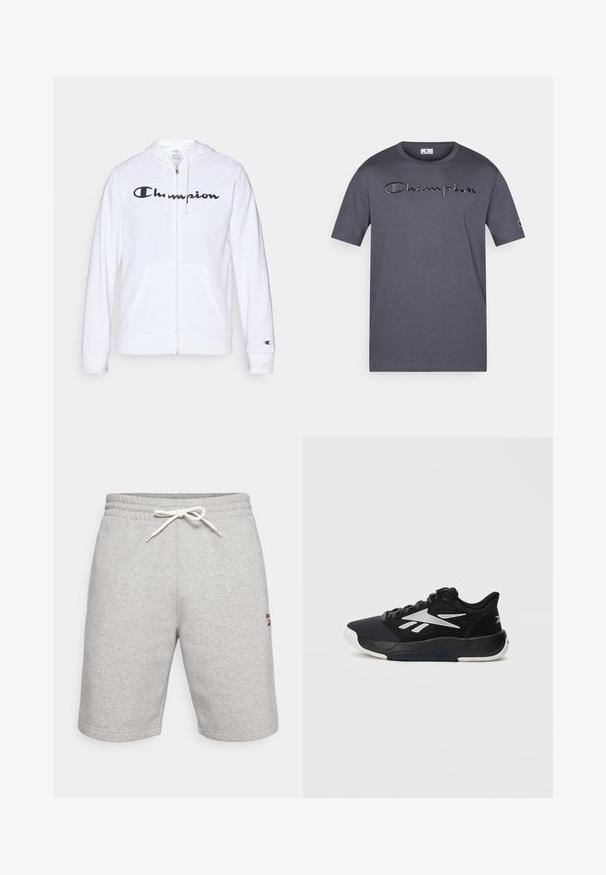 Weißer Reißverschluss-Hoodie aus weichem Stoff, mit einem schwarzen "Champion"-Logo auf der Brust, Kängurutaschen und gerippten Bündchen.; Graues Baumwoll-T-Shirt mit kurzen Ärmeln, versehen mit einem gestickten "Champion"-Logo auf der Brust und einem kleinen Logo am Ärmel.; Graue Baumwollmischung-Shorts mit einem elastischen Bund und weißem Kordelzug. Hat ein kleines Logo auf der linken Seite in Schwarz und Rot.; Schwarzer Sportschuh mit Mesh-Obermaterial, verstärkter Zehenkappe, weißem Logodetail und strukturiertem Sohlenprofil. Geeignet für verschiedene sportliche Aktivitäten.