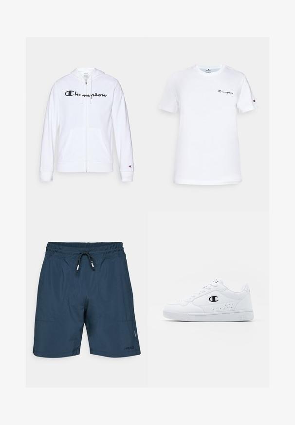 Biela zipsová mikina vyrobená z mäkkej tkaniny, s čiernym logom "Champion" na hrudi, klokankovými vreckami a rebrovanými manžetami.; Biela bavlnená tričko s okrúhlym výstrihom, krátkymi rukávmi a čiernym vyšitým logom "Champion" na hrudi a na akcentoch rukávov.; Námornícky modré plavky vyrobené z ľahkej tkaniny s elastickým pásom, šnúrkovým uzáverom a bočnými vreckami. Zobrazené logo značky.; Biele športové tenisky s hladkým syntetickým zvrškom, čiernym logom a perforovanými detailmi na boku. Gumová podošva.