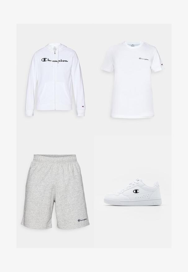 Valkoinen vetoketjullinen huppari, joka on valmistettu pehmeästä kankaasta. Hupparissa on musta "Champion"-logo rinnassa, kengurupocketsit ja ribbauskkeet.; Valkoinen puuvillainen t-paita, jossa on pyöreä kaula-aukko, lyhyet hihat ja musta brodeerattu "Champion"-logo rinnassa ja hihan yksityiskohdassa.; Harmaat collegehousut, joissa on joustava vyötärö ja tummansinisellä "Champion"-logolla vasemmalla alhaalla.; Valkoiset urheilunikenrät, joissa on sileä synteettinen päällinen, musta logo-aksentti ja rei'itetty yksityiskohta sivuilla. Kumipohja.