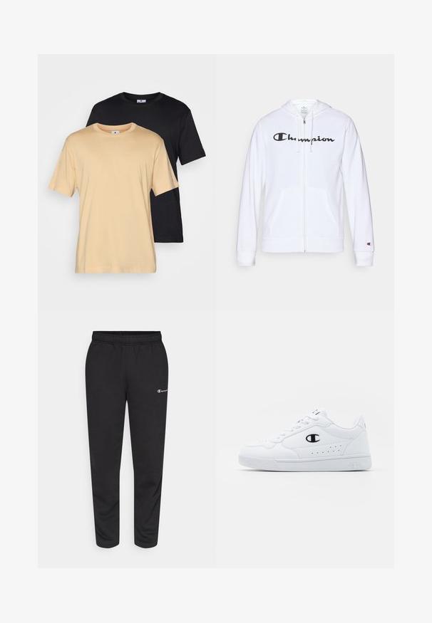 Bílá mikina na zip vyrobená z měkké tkaniny, s černým logem "Champion" na hrudi, kapsami ve tvaru klokaní kapsy a žebrovanými manžetami.; Dvě trička s krátkým rukávem: jedno světle béžové, druhé černé. Obě mají kulatý výstřih a jsou vyrobena z hladké, lehké látky.; Černé tepláky vyrobené z bavlněné směsi, s elastickým pasem a malým bílým logem na levé straně. Design se zúženými nohavicemi.; Bílé sportovní tenisky s hladkým syntetickým svrškem, černým logem a perforovanými detaily po stranách. Gumová podrážka.