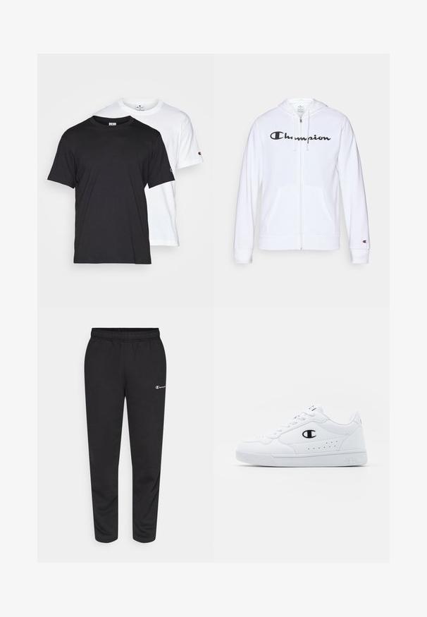 Balta užtrauktuku užsegama džemperis, pagamintas iš minkštos medžiagos, su juodu "Champion" logotipu krūtinėje, kengūrų tipo kišenėmis ir ribotu rankogaliais.; Champion CREWNECK TEE 2 PACK - Paprasti marškinėliai - white/black; Juodos medvilnės mišinio sportinės kelnės, su elastine juosta ir maža balta logo kairėje pusėje. Šlaunies siaurinimo dizainas.; Baltos sportinės kedai su lygiu sintetinės medžiagos viršumi, juodu logotipo akcentu ir perforuotomis detalėmis šonuose. Gumos padas.