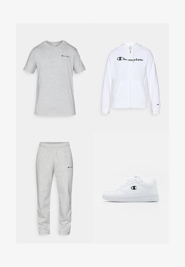 Felpa bianca con zip realizzata in tessuto morbido, con un logo "Champion" nero sul petto, tasche a kangaroo e polsini a costine.; T-shirt grigio a maniche corte realizzato in un mix di cotone. Presenta un piccolo logo ricamato "Champion" sulla parte sinistra del petto.; Pantaloni grigi in felpa di cotone, con cintura elastica e un piccolo logo ricamato in blu navy sulla gamba sinistra.; Sneakers atletici bianchi con pelle sintetica liscia, accento del logo nero e dettagli perforati sul lato. Suola in gomma.