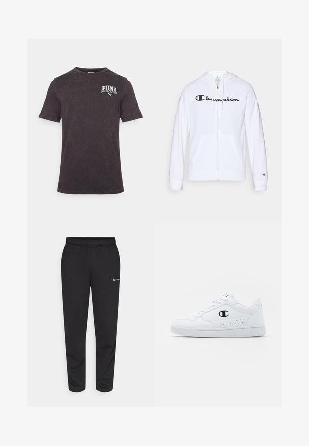 Biała bluza z kapturem na zamek, wykonana z miękkiego materiału, z czarnym logo "Champion" na piersi, kieszeniami kangurzymi i ściagaczami na rękawach.; Czarny t-shirt z krótkim rękawem wykonany z bawełny, z wykończeniem w stylu vintage i białym nadrukiem logo "PUMA sports club" na klatce piersiowej.; Czarne dresy wykonane z mieszanki bawełny, z elastycznym pasem w talii i małym białym logo po lewej stronie. Zwężany krój nogawki.; Białe sportowe sneakersy z gładką syntetyczną cholewką, czarnym akcentem logo i perforowanymi detalami po boku. Gumowa podeszwa.