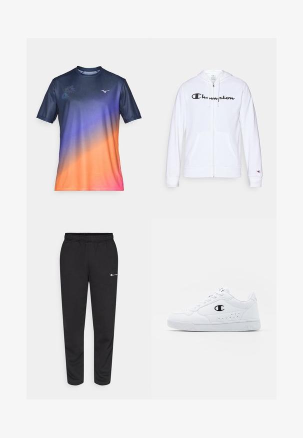 Sudadera blanca con cremallera hecha de tela suave, que presenta un logo negro de "Champion" en el pecho, bolsillos tipo canguro y puños acanalados.; Camiseta deportiva de manga corta en un degradado de azul marino, púrpura, naranja y rosa. Presenta un sutil patrón floral y un logo en el pecho. Tejido suave.; Pantalones de chándal negros de mezcla de algodón, con una cinturilla elástica y un pequeño logo blanco en el lado izquierdo. Diseño de pierna ajustada.; Zapatillas deportivas blancas con un upper sintético suave, acento del logo en negro y detalles perforados en los laterales. Suela de goma.