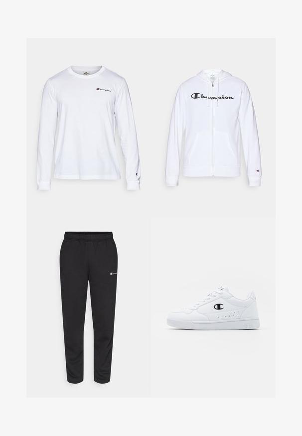 Bela zip-up kapuca iz mehkega materiala, s črnim logotipom "Champion" na prsih, kengurujskimi žepi in rebrastimi manšetami.; Bela dolga majica z dolgimi rokavi iz bombaža z okroglo ovratnikom in majhnim rdečim ter modrim logotipom "Champion" na prsih in na manšetah rokavov.; Črne trenirke iz mešanice bombaža, ki imajo elastičen pas in majhen bel logotip na levi strani. Zasnova zoženih hlač.; Bela atletska športna obutev z gladkim sintetičnim zgornjim delom, črnimi logotipnimi detajli in perforacijami na strani. Guma podplat.