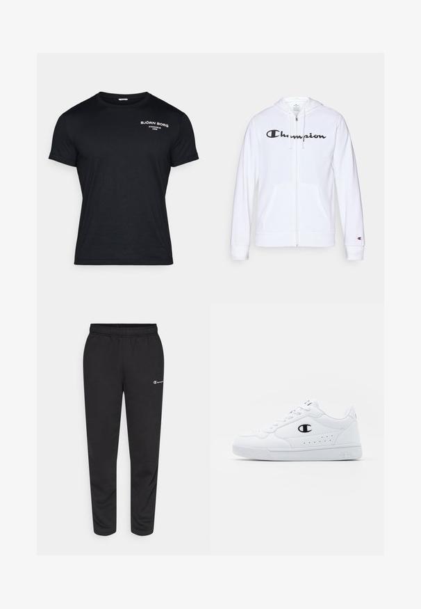 Sweatshirt branca com fecho, feita de tecido macio, apresentando um logótipo preto da "Champion" no peito, bolsos canguru e punhos canelados.; T-shirt de algodão preta com mangas curtas, gola redonda e logótipo em texto branco "BJÖRN BORG STOCKHOLM 1956" no lado superior esquerdo.; Calças de moletão pretas feitas de uma mistura de algodão, com um cós elástico e um pequeno logotipo branco no lado esquerdo. Design de pernas afuniladas.; Sapatilhas brancas de desporto com um cabedal sintético liso, detalhes em preto no logótipo e perfurações na lateral. Sola em borracha.