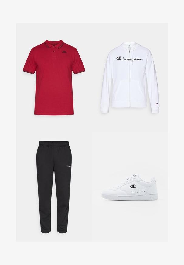 Bílá mikina na zip vyrobená z měkké tkaniny, s černým logem "Champion" na hrudi, kapsami ve tvaru klokaní kapsy a žebrovanými manžetami.; Červená polo košile z bavlny, s límečkem, krátkými rukávy s černými pruhy a malým logem vyšitým na hrudi.; Černé tepláky vyrobené z bavlněné směsi, s elastickým pasem a malým bílým logem na levé straně. Design se zúženými nohavicemi.; Bílé sportovní tenisky s hladkým syntetickým svrškem, černým logem a perforovanými detaily po stranách. Gumová podrážka.