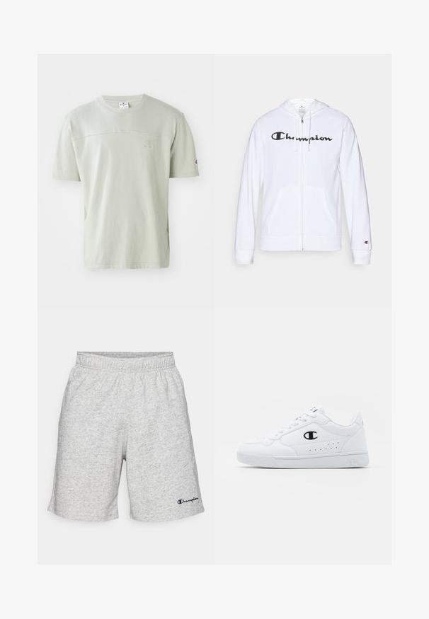 Hvid zip-hoodie lavet af blødt stof, med et sort "Champion" logo på brystet, kængurulommer og ribbede manchetter.; Lys grøn t-shirt med korte ærmer lavet af bomuld. Har en rund halsudskæring og et diskret logo på brystet. Glat tekstur med en afslappet pasform.; Grå shorts i jersey-materiale med elastisk talje og et navy blåt "Champion"-logo nederst til venstre.; Hvide atletiske sneakers med en glat syntetisk overdel, sort logoaccent og perforerede detaljer på siden. Gummisål.