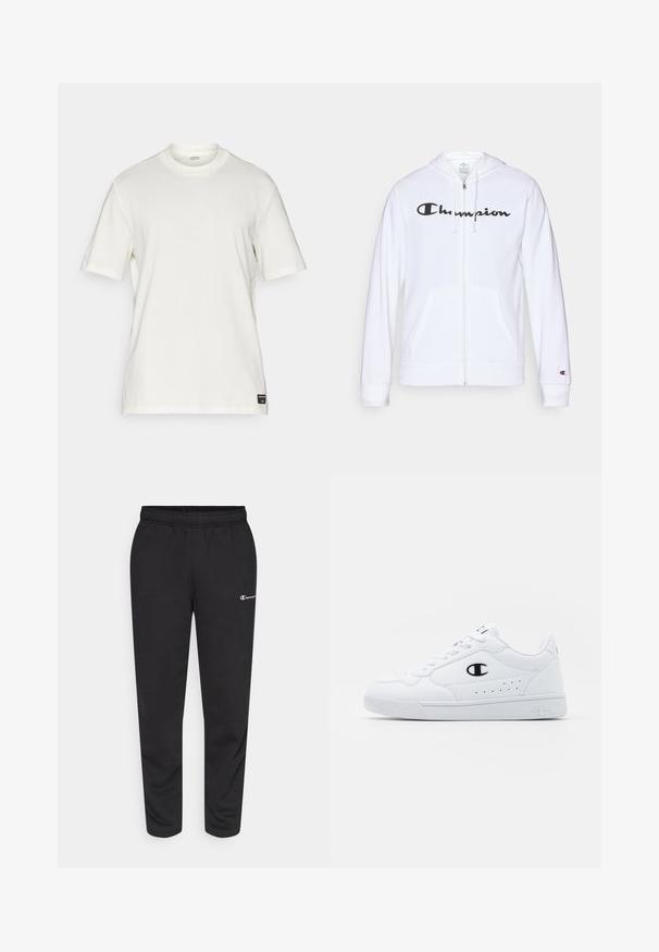 White zip-up hoodie made of soft fabric, featuring a black "Champion" logo on the chest, kangaroo pockets, and ribbed cuffs.; White cotton short-sleeve t-shirt with a crew neckline, minimalist design, and a small logo tag at the bottom left side.; Black sweatpants made of cotton blend, featuring an elastic waistband and a small white logo on the left side. Tapered leg design.; White athletic sneakers with a smooth synthetic upper, black logo accent, and perforated detailing on the side. Rubber sole.