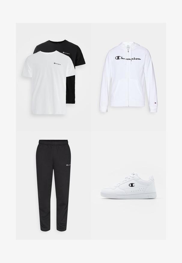 Biela zipsová mikina vyrobená z mäkkej tkaniny, s čiernym logom "Champion" na hrudi, klokankovými vreckami a rebrovanými manžetami.; Dvoje tričiek s krátkym rukávom v bielej a čiernej farbe z bavlny, s malým logom Champion na hrudi. Jednoduchý dizajn s okrúhlym výstrihom.; Čierne tepláky vyrobené z bavlneného zmesi, s elastickým pásom a malým bielym logom na ľavej strane. Zúžený strih nohavíc.; Biele športové tenisky s hladkým syntetickým zvrškom, čiernym logom a perforovanými detailmi na boku. Gumová podošva.