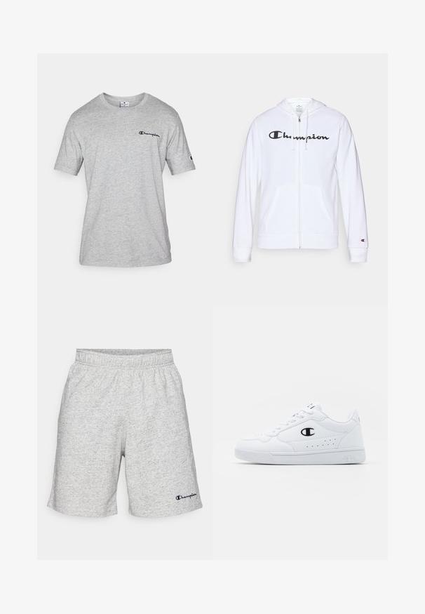 Balts zip-up džemperis, izgatavots no mīkstas auduma, ar melnu "Champion" logotipu uz krūtīm, kengura kabatām un ribotām piedurknēm.; Pelēks īsās piedurknes t-kreklis, izgatavots no mīksta kokvilnas maisījuma, ar mazu tumšu logotipu augšējā kreisajā krūtī un logotipa detaļu uz piedurknes.; Pelēku džersija materiāla šorti ar elastīgu jostu un tumši zilu "Champion" logo kreisajā apakšējā stūrī.; Baltas sporta apavi ar gludu sintētisku augšdaļu, melnu logotipa akcentu un perforētu apdari sānos. Gumijas zole.