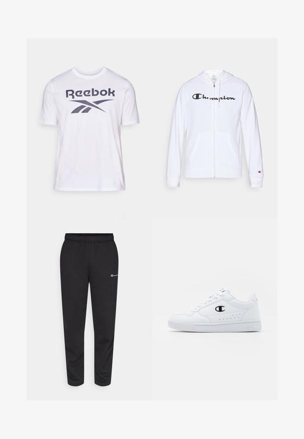 Sweatshirt branca com fecho, feita de tecido macio, apresentando um logótipo preto da "Champion" no peito, bolsos canguru e punhos canelados.; T-shirt branca da Reebok com um grande logótipo e design gráfico cinza escuro na parte da frente. Feita de material de algodão macio, com mangas curtas.; Calças de moletão pretas feitas de uma mistura de algodão, com um cós elástico e um pequeno logotipo branco no lado esquerdo. Design de pernas afuniladas.; Sapatilhas brancas de desporto com um cabedal sintético liso, detalhes em preto no logótipo e perfurações na lateral. Sola em borracha.