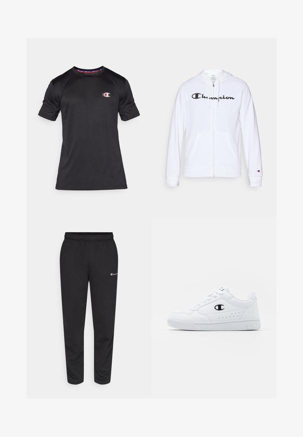 Sweatshirt branca com fecho, feita de tecido macio, apresentando um logótipo preto da "Champion" no peito, bolsos canguru e punhos canelados.; Champion CREWNECK TRAIN SMALL LOGO - T-shirt básica - black; Calças de moletão pretas feitas de uma mistura de algodão, com um cós elástico e um pequeno logotipo branco no lado esquerdo. Design de pernas afuniladas.; Sapatilhas brancas de desporto com um cabedal sintético liso, detalhes em preto no logótipo e perfurações na lateral. Sola em borracha.