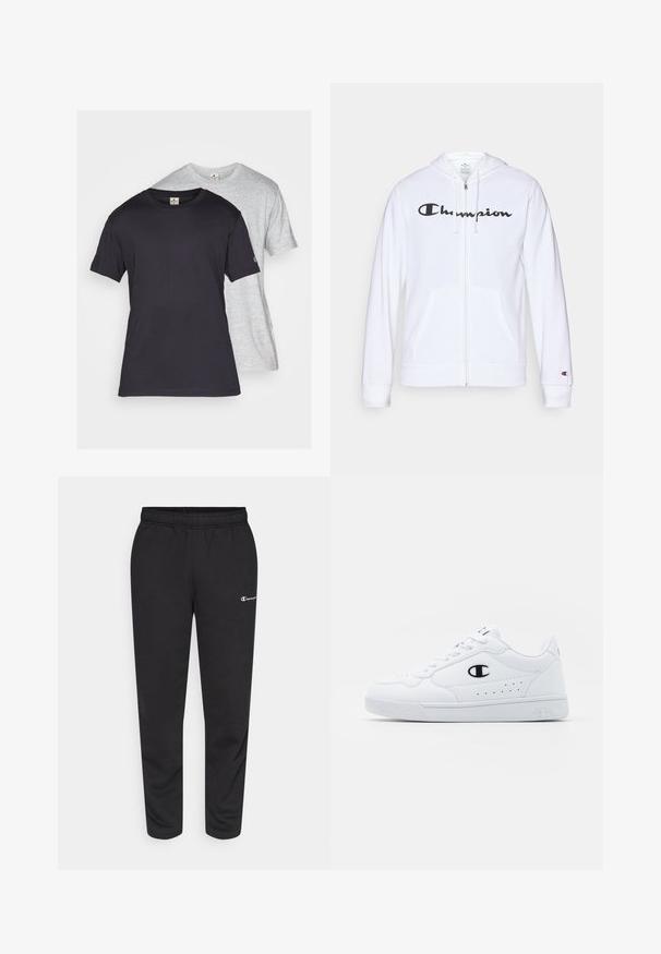 Sweatshirt branca com fecho, feita de tecido macio, apresentando um logótipo preto da "Champion" no peito, bolsos canguru e punhos canelados.; Duas t-shirts de manga curta, uma preta e outra cinza clara. Ambas são feitas de algodão, com decotes redondos e um corte descontraído.; Calças de moletão pretas feitas de uma mistura de algodão, com um cós elástico e um pequeno logotipo branco no lado esquerdo. Design de pernas afuniladas.; Sapatilhas brancas de desporto com um cabedal sintético liso, detalhes em preto no logótipo e perfurações na lateral. Sola em borracha.