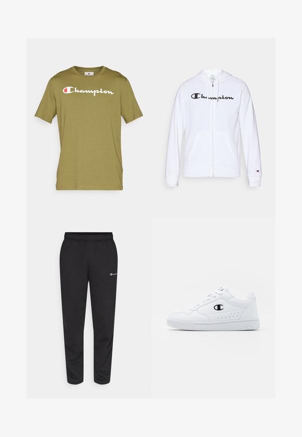 Hvid zip-hoodie lavet af blødt stof, med et sort "Champion" logo på brystet, kængurulommer og ribbede manchetter.; Champion ICONS CREWNECK WITH LARGE LOGO - T-shirts print - olive; Sorte svedbukser lavet af en bomuldsblanding, med elastisk talje og et lille hvidt logo på venstre side. Bukserne har en tapered bendesign.; Hvide atletiske sneakers med en glat syntetisk overdel, sort logoaccent og perforerede detaljer på siden. Gummisål.