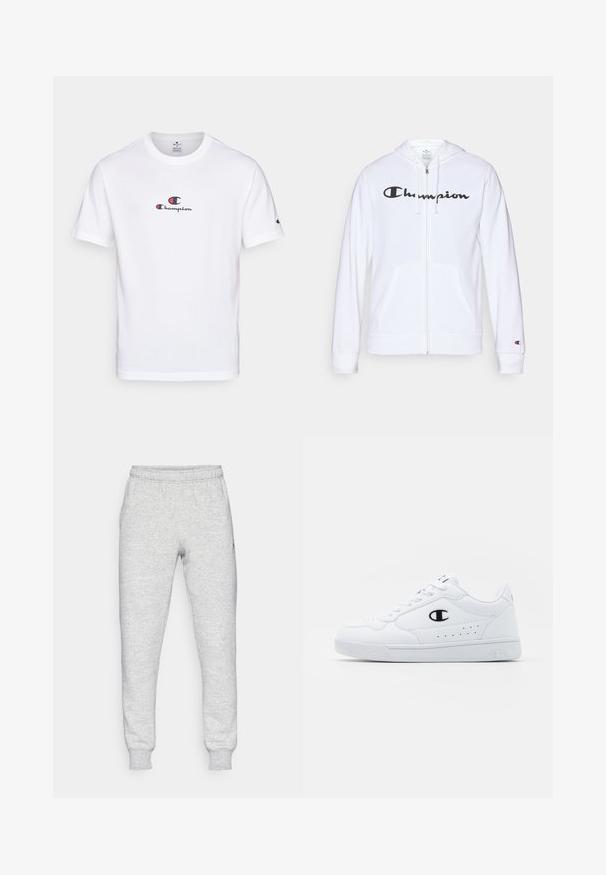 Sudadera blanca con cremallera hecha de tela suave, que presenta un logo negro de "Champion" en el pecho, bolsillos tipo canguro y puños acanalados.; Camiseta de algodón blanca con cuello redondo, que presenta un logo "Champion" en rojo y azul en el pecho y un pequeño logo en la manga.; Pantalones de chándal grises hechos de una suave mezcla de algodón, con una cinturilla elástica, piernas ceñidas y un pequeño logo en la zona del bolsillo izquierdo.; Zapatillas deportivas blancas con un upper sintético suave, acento del logo en negro y detalles perforados en los laterales. Suela de goma.