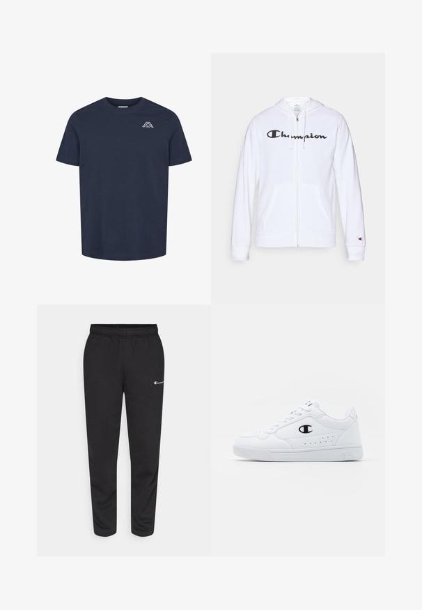 Bílá mikina na zip vyrobená z měkké tkaniny, s černým logem "Champion" na hrudi, kapsami ve tvaru klokaní kapsy a žebrovanými manžetami.; Námořnická modrá polokošile s krátkým rukávem a kulatým výstřhem, s malým bílým emblémem na levé hrudi zobrazujícím dvě postavy sedící zády k sobě.; Černé tepláky vyrobené z bavlněné směsi, s elastickým pasem a malým bílým logem na levé straně. Design se zúženými nohavicemi.; Bílé sportovní tenisky s hladkým syntetickým svrškem, černým logem a perforovanými detaily po stranách. Gumová podrážka.