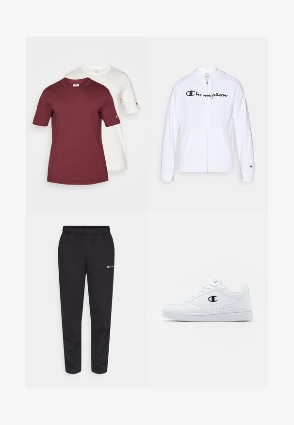 Balta užtrauktuku užsegama džemperis, pagamintas iš minkštos medžiagos, su juodu "Champion" logotipu krūtinėje, kengūrų tipo kišenėmis ir ribotu rankogaliais.; Du viršutiniai marškiniai trumpomis rankovėmis sukrauti vienas ant kito; vienas bordo, o kitas baltas. Abu pagaminti iš medvilnės, turi apvalią apykaklę ir logotipą ant rankovės.; Juodos medvilnės mišinio sportinės kelnės, su elastine juosta ir maža balta logo kairėje pusėje. Šlaunies siaurinimo dizainas.; Baltos sportinės kedai su lygiu sintetinės medžiagos viršumi, juodu logotipo akcentu ir perforuotomis detalėmis šonuose. Gumos padas.
