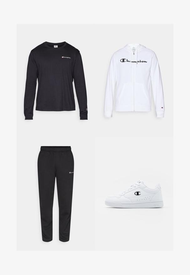 Bela zip-up kapuca iz mehkega materiala, s črnim logotipom "Champion" na prsih, kengurujskimi žepi in rebrastimi manšetami.; Champion ICONS CREWNECK LONG SLEEVE - Majica z dolgimi rokavi - black; Črne trenirke iz mešanice bombaža, ki imajo elastičen pas in majhen bel logotip na levi strani. Zasnova zoženih hlač.; Bela atletska športna obutev z gladkim sintetičnim zgornjim delom, črnimi logotipnimi detajli in perforacijami na strani. Guma podplat.