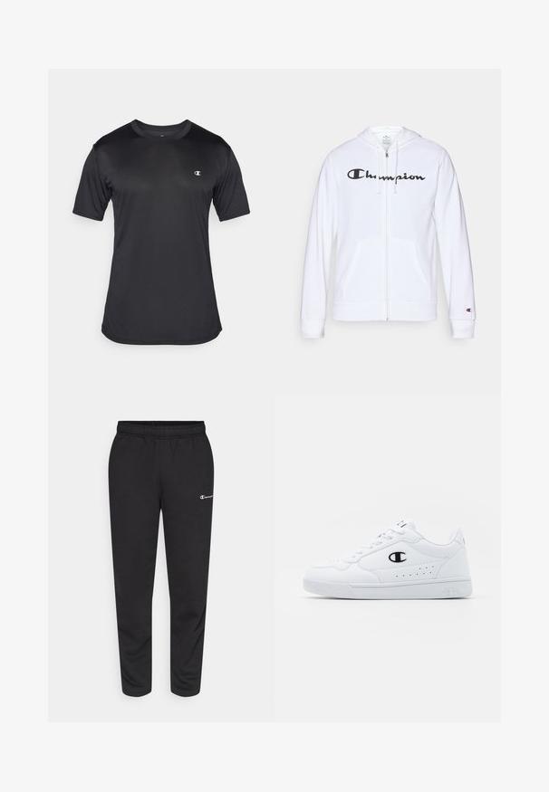 Sweatshirt branca com fecho, feita de tecido macio, apresentando um logótipo preto da "Champion" no peito, bolsos canguru e punhos canelados.; Camisola atlética preta de mangas curtas, feita de um tecido texturizado e respirável; apresenta uma gola redonda e um logótipo no lado esquerdo do peito.; Calças de moletão pretas feitas de uma mistura de algodão, com um cós elástico e um pequeno logotipo branco no lado esquerdo. Design de pernas afuniladas.; Sapatilhas brancas de desporto com um cabedal sintético liso, detalhes em preto no logótipo e perfurações na lateral. Sola em borracha.