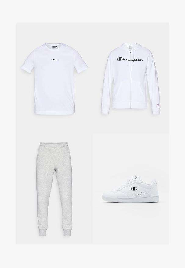 Balta užtrauktuku užsegama džemperis, pagamintas iš minkštos medžiagos, su juodu "Champion" logotipu krūtinėje, kengūrų tipo kišenėmis ir ribotu rankogaliais.; Balta trumpa sportinė marškinėlių su trumpomis rankovėmis, pagaminta iš lengvos medžiagos. Yra subtilus juodas logotipas ant krūtinės ir ergonomiškas siūlių dizainas patogumui.; Pilkos sportinės kelnės, pagamintos iš minkštos medvilnės mišinio, su elastinga juosmens juosta, siaurėjančiomis kojomis ir mažu logotipu kairėje kišenėje.; Baltos sportinės kedai su lygiu sintetinės medžiagos viršumi, juodu logotipo akcentu ir perforuotomis detalėmis šonuose. Gumos padas.