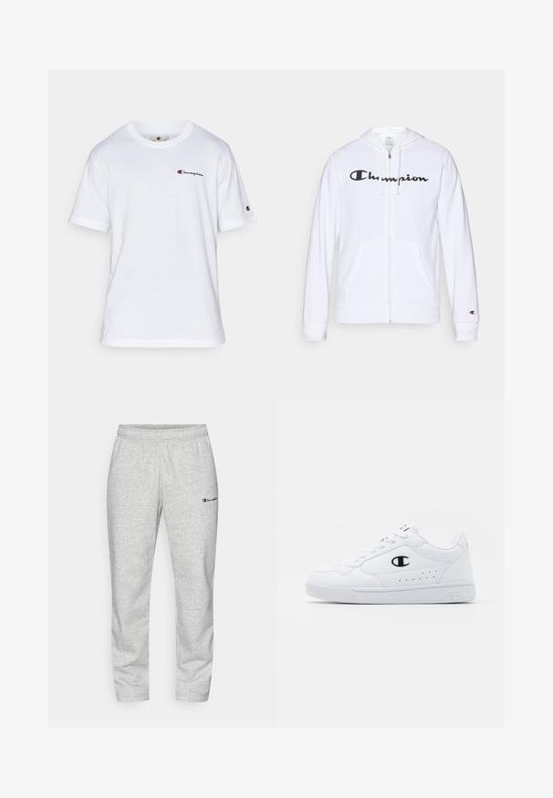 Balts zip-up džemperis, izgatavots no mīkstas auduma, ar melnu "Champion" logotipu uz krūtīm, kengura kabatām un ribotām piedurknēm.; Baltā kokvilnas T-kreklā ar apaļu apkakli, īsām piedurknēm un mazu "Champion" logo melnā un sarkanā krāsā uz kreisās krūtis.; Pelēkas treniņbikses, kas izgatavotas no kokvilnas maisījuma, ar elastīgu jostasvītru un nelielu izšūtu logotipu tumši zilā krāsā uz kreisā kājas.; Baltas sporta apavi ar gludu sintētisku augšdaļu, melnu logotipa akcentu un perforētu apdari sānos. Gumijas zole.