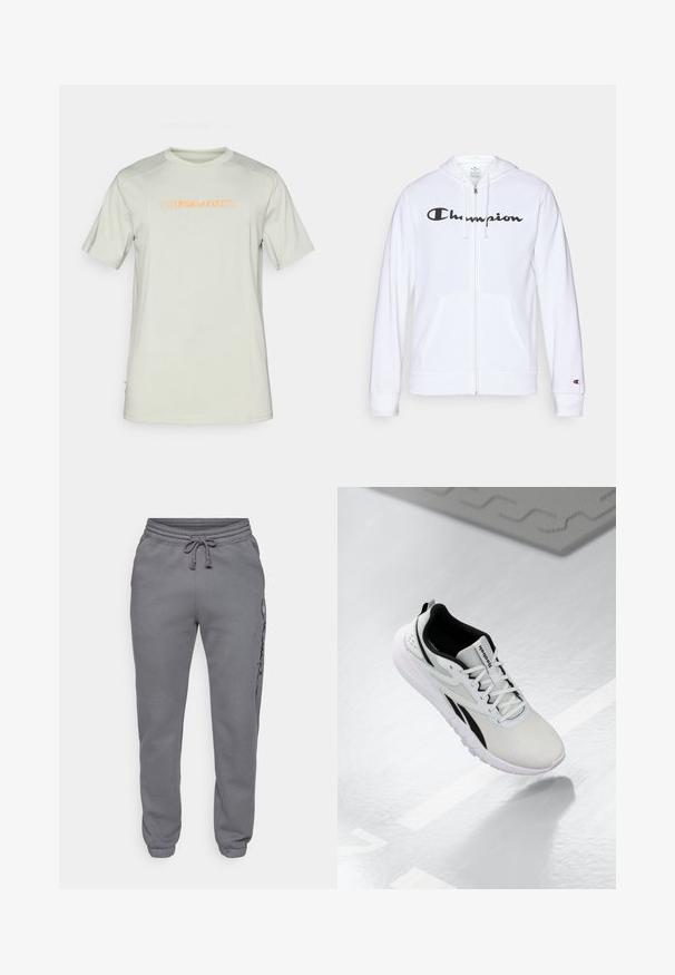 Balta užtrauktuku užsegama džemperis, pagamintas iš minkštos medžiagos, su juodu "Champion" logotipu krūtinėje, kengūrų tipo kišenėmis ir ribotu rankogaliais.; Šviesiai žalia trumpų rankovių marškinėliai pagaminti iš minkštos medžiagos, turi apvalų kaklą ir oranžinę spausdintą "Mizuno" logotipą priekyje.; Champion ICONS TONAL CUFF LARGE LOGO - Treningo apatinė dalis - foggy; Šviesiai pilki sportiniai batai su juodais akcentais, tekstūruota tinklinė viršutinė dalis, paminkštintas padas ir raišteliais užsegamas užsegimas. Yra kulno traukimo kilpelė.
