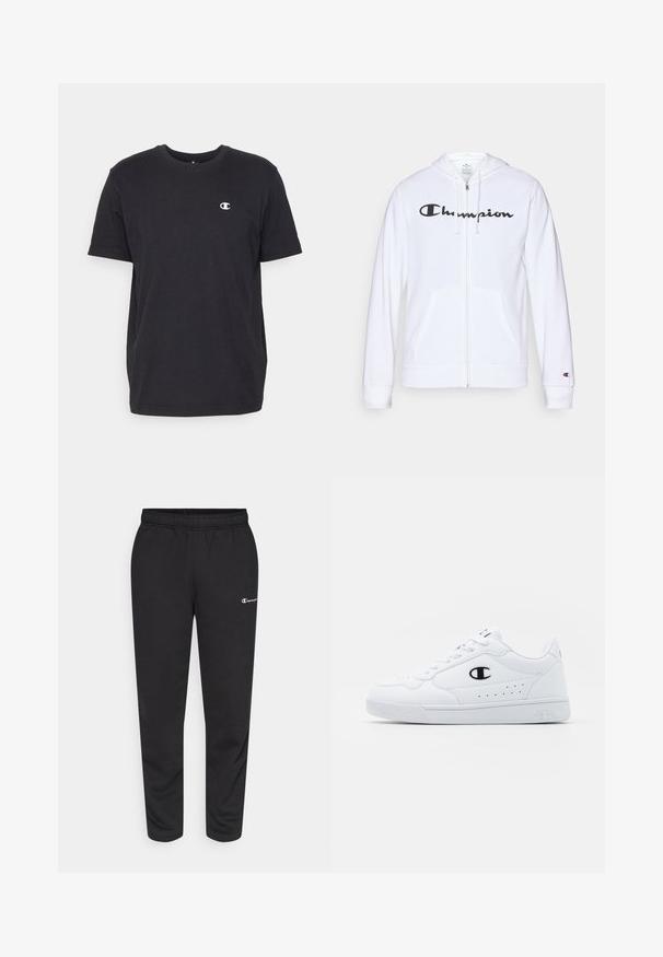 Witte zip-up hoodie van zachte stof, met een zwart "Champion" logo op de borst, kangoeroe zakken en geribbelde manchetten.; Champion CREWNECK - T-shirt basic - black; Zwarte sweatpants van een katoenmix, met een elastische tailleband en een klein wit logo aan de linkerkant. Tapered ontwerp van de broekspijpen.; Witte sportschoenen met een glad bovenwerk van synthetisch materiaal, zwarte logoaccenten en geperforeerde details aan de zijkant. Rubberen zool.