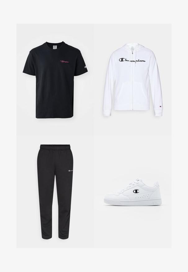 Hvid zip-hoodie lavet af blødt stof, med et sort "Champion" logo på brystet, kængurulommer og ribbede manchetter.; Sort bomulds t-shirt med korte ærmer, rund halsudskæring og et pink "Champion" logo broderet på brystet og ærmet.; Sorte svedbukser lavet af en bomuldsblanding, med elastisk talje og et lille hvidt logo på venstre side. Bukserne har en tapered bendesign.; Hvide atletiske sneakers med en glat syntetisk overdel, sort logoaccent og perforerede detaljer på siden. Gummisål.