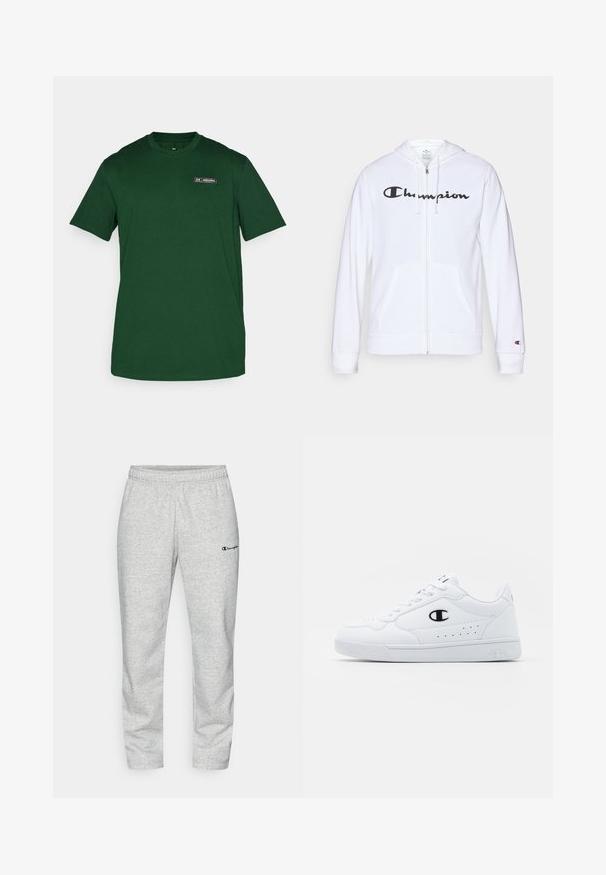 Biała bluza z kapturem na zamek, wykonana z miękkiego materiału, z czarnym logo "Champion" na piersi, kieszeniami kangurzymi i ściagaczami na rękawach.; Under Armour - T-shirt basic; Szare dresy wykonane z mieszanki bawełny, z elastycznym pasem i małym wyszywanym logo w kolorze granatowym na lewym nogawce.; Białe sportowe sneakersy z gładką syntetyczną cholewką, czarnym akcentem logo i perforowanymi detalami po boku. Gumowa podeszwa.