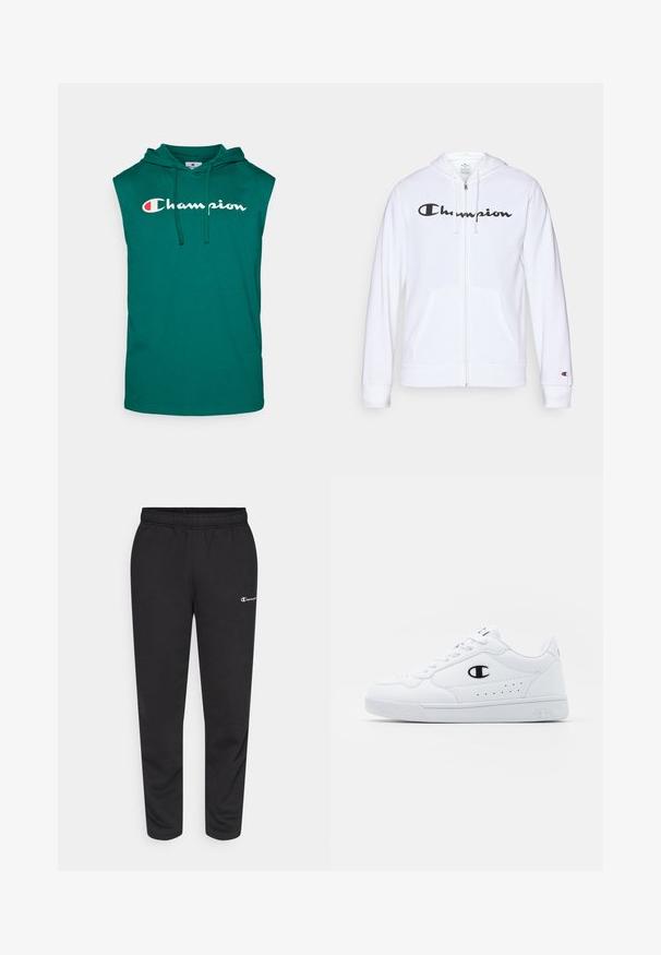 Balts zip-up džemperis, izgatavots no mīkstas auduma, ar melnu "Champion" logotipu uz krūtīm, kengura kabatām un ribotām piedurknēm.; Tirkīza bezpiedurkņu kapuce, izgatavota no kokvilnas, ar priekšējo kabatu un auklu. Vārds "Champion" ir norādīts baltā krāsā pāri krūtīm.; Melni sporta bikses, izgatavotas no kokvilnas maisījuma, ar elastīgu jostasvietu un mazu baltu logo kreisajā pusē. Šauras kāju formas dizains.; Baltas sporta apavi ar gludu sintētisku augšdaļu, melnu logotipa akcentu un perforētu apdari sānos. Gumijas zole.