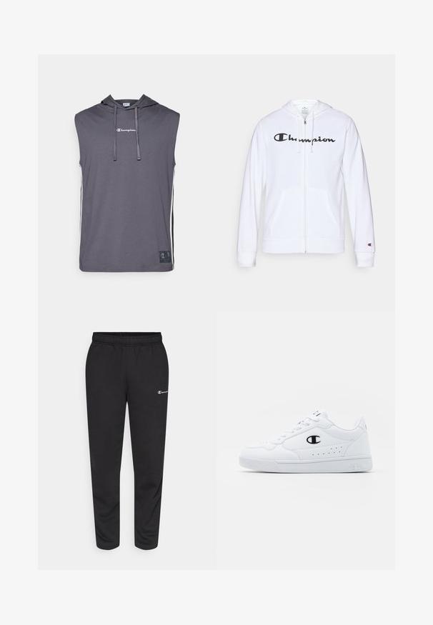 Hvit zip-up hettegenser laget av myk stoff, med en svart "Champion" logo på brystet, kengurulommer og ribbede mansjetter.; Champion SLEEVELESS HOODIE - T-shirts med print - dark grey; svarte sweatpants laget av en bomullsblanding, med elastisk midjebånd og en liten hvit logo på venstre side. Tapered ben design.; Hvite atletiske joggesko med en glatt syntetisk overdel, svart logo-akcent og perforerte detaljer på siden. Gummisåle.