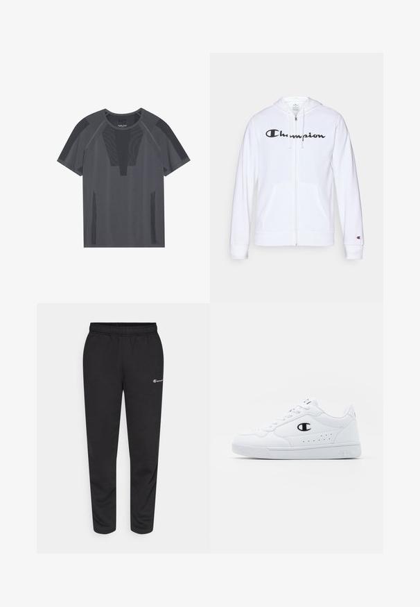 Sweatshirt branca com fecho, feita de tecido macio, apresentando um logótipo preto da "Champion" no peito, bolsos canguru e punhos canelados.; T-shirt atlético cinza com mangas curtas, apresentando painéis de malha texturizada e um decote redondo, projetado para respirabilidade e conforto.; Calças de moletão pretas feitas de uma mistura de algodão, com um cós elástico e um pequeno logotipo branco no lado esquerdo. Design de pernas afuniladas.; Sapatilhas brancas de desporto com um cabedal sintético liso, detalhes em preto no logótipo e perfurações na lateral. Sola em borracha.