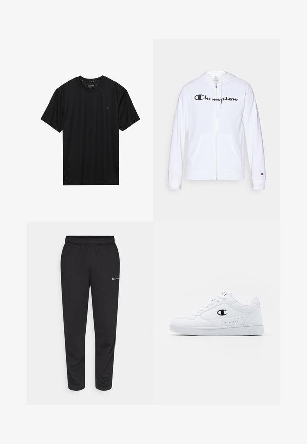 Bela zip-up kapuca iz mehkega materiala, s črnim logotipom "Champion" na prsih, kengurujskimi žepi in rebrastimi manšetami.; Črna kratkotrajna majica s kratkimi rokavi iz mehkega blaga, s krožnim izrezom in majhnim logotipom vezenim v črni barvi na levem prsnem predelu.; Črne trenirke iz mešanice bombaža, ki imajo elastičen pas in majhen bel logotip na levi strani. Zasnova zoženih hlač.; Bela atletska športna obutev z gladkim sintetičnim zgornjim delom, črnimi logotipnimi detajli in perforacijami na strani. Guma podplat.