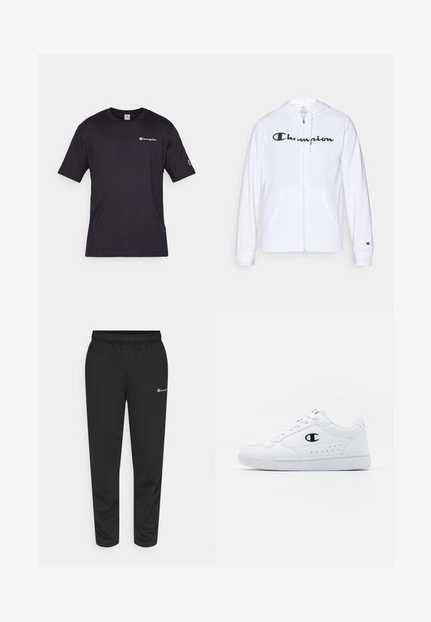 Fehér zipzáros kapucnis felső, puha anyagból készült, fekete "Champion" logóval a mellkasán, kenguruzsebekkel és bordás mandzsettákkal.; Fekete pamut póló, kerek nyakkivágással, rövid ujjakkal, és egy kis fehér Champion logóval a mellkasán és az ujján. Simább textúrával.; Fekete pamutkeverék melegítőnadrág, rugalmas derékkal és egy kis fehér logóval a bal oldalon. Felhúzott lábujjakkal rendelkező fazon.; Fehér sportcipők sima, szintetikus felsőrésszel, fekete logóval és perforált részletekkel az oldalon. Gumi talp.