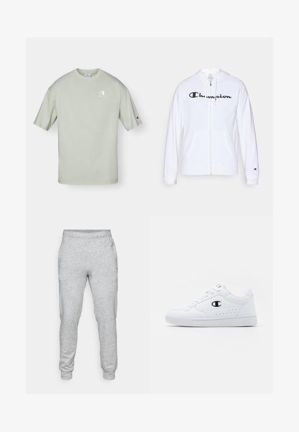 Balts zip-up džemperis, izgatavots no mīkstas auduma, ar melnu "Champion" logotipu uz krūtīm, kengura kabatām un ribotām piedurknēm.; Gai zaļš kokvilnas T-krekls ar apaļu kakla izgriezumu, īsām piedurknēm un mazu baltu logotipu uz krūšu, kā arī logotipa akcentu uz piedurknes.; Pelēkas svītrotu bikses, kas izgatavotas no mīkstas, teksturētas materiāla, ar elastīgu jostu un šaurām kājām, ar nelielu logo uz sāna.; Baltas sporta apavi ar gludu sintētisku augšdaļu, melnu logotipa akcentu un perforētu apdari sānos. Gumijas zole.