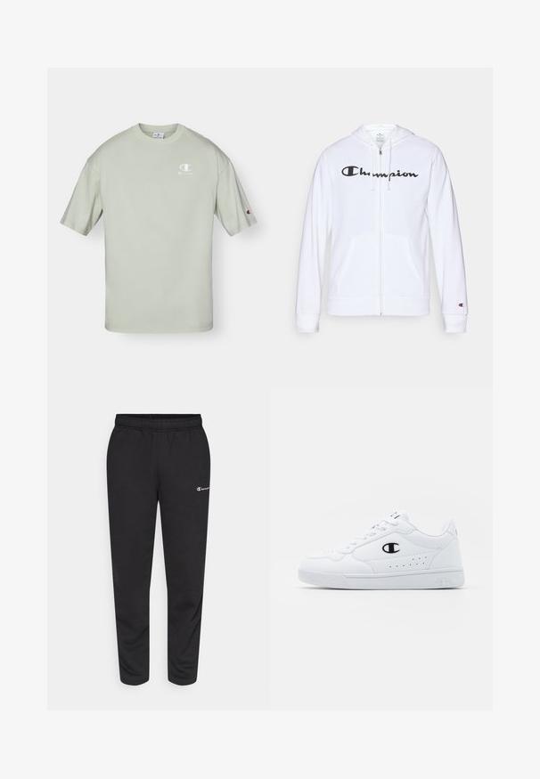 White zip-up hoodie made of soft fabric, featuring a black "Champion" logo on the chest, kangaroo pockets, and ribbed cuffs.; Light green cotton t-shirt featuring a round neckline, short sleeves, and a small white logo on the chest with a logo accent on the sleeve.; Black sweatpants made of cotton blend, featuring an elastic waistband and a small white logo on the left side. Tapered leg design.; White athletic sneakers with a smooth synthetic upper, black logo accent, and perforated detailing on the side. Rubber sole.