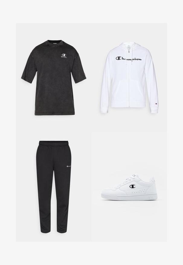White zip-up hoodie made of soft fabric, featuring a black "Champion" logo on the chest, kangaroo pockets, and ribbed cuffs.; Black cotton t-shirt with short sleeves, crew neck, distressed texture, and embroidered logo on the upper left side.; Black sweatpants made of cotton blend, featuring an elastic waistband and a small white logo on the left side. Tapered leg design.; White athletic sneakers with a smooth synthetic upper, black logo accent, and perforated detailing on the side. Rubber sole.