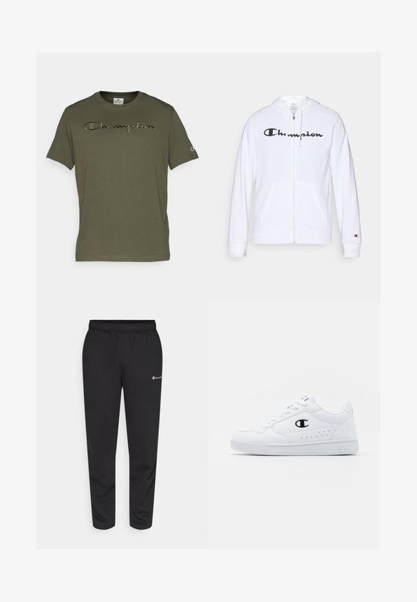 Valkoinen vetoketjullinen huppari, joka on valmistettu pehmeästä kankaasta. Hupparissa on musta "Champion"-logo rinnassa, kengurupocketsit ja ribbauskkeet.; Champion ICONS TONAL CREWNECK WITH LARGE LOGO - Printtipaita - dark green; Mustat verkkarit, jotka on valmistettu puuvillasekoitteesta. Niissä on joustava vyötärö ja pieni valkoinen logo vasemmalla puolella. Kapeneva lahkeensuunnittelu.; Valkoiset urheilunikenrät, joissa on sileä synteettinen päällinen, musta logo-aksentti ja rei'itetty yksityiskohta sivuilla. Kumipohja.