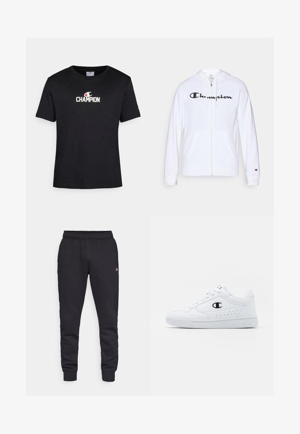 Bílá mikina na zip vyrobená z měkké tkaniny, s černým logem "Champion" na hrudi, kapsami ve tvaru klokaní kapsy a žebrovanými manžetami.; Černé bavlněné tričko s bílým logem "CHAMPION" s červeným akcentem, kulatým výstřihem, krátkými rukávy a rovnými lemy.; Černé bavlněné tepláky s elastickým pasem a manžetami. Obsahují detail loga na boku. Hladká textura, zúžený střih.; Bílé sportovní tenisky s hladkým syntetickým svrškem, černým logem a perforovanými detaily po stranách. Gumová podrážka.