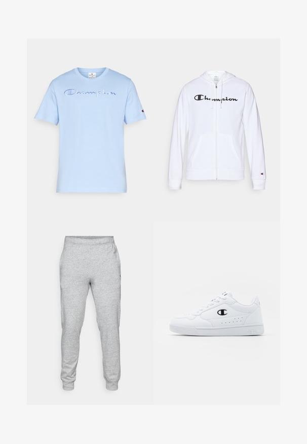 Hvit zip-up hettegenser laget av myk stoff, med en svart "Champion" logo på brystet, kengurulommer og ribbede mansjetter.; Lyseblå bomull T-skjorte med korte ermer. Har brodert "Champion" logo på forsiden og logo-patch på venstre erm.; Grå joggebukser laget av mykt, strukturert materiale, med elastisk midjebånd og avsmalnede ben, med en liten logo på siden.; Hvite atletiske joggesko med en glatt syntetisk overdel, svart logo-akcent og perforerte detaljer på siden. Gummisåle.